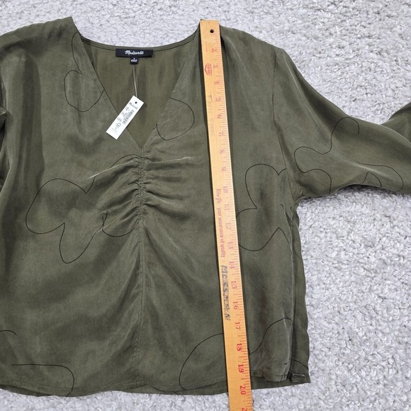 Madewell Brushed Ruched Front Top Womens 4 Green Long Sleeve Cupro V-Neck Earthy - Picture 10 of 12